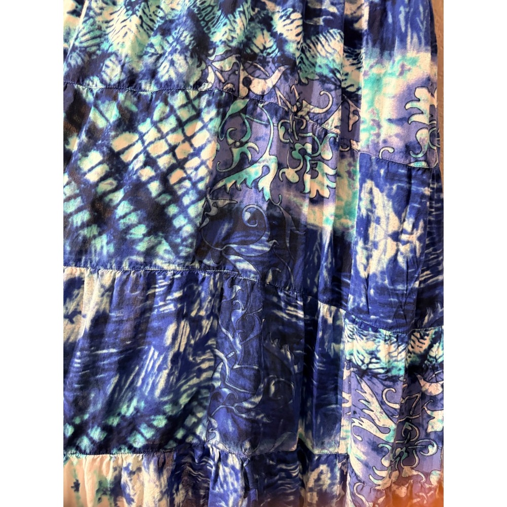 La Cera Blue Patchwork Batik Smocked Tiered Midi Dress Sleeveless Rayon Boho - Picture 5 of 14